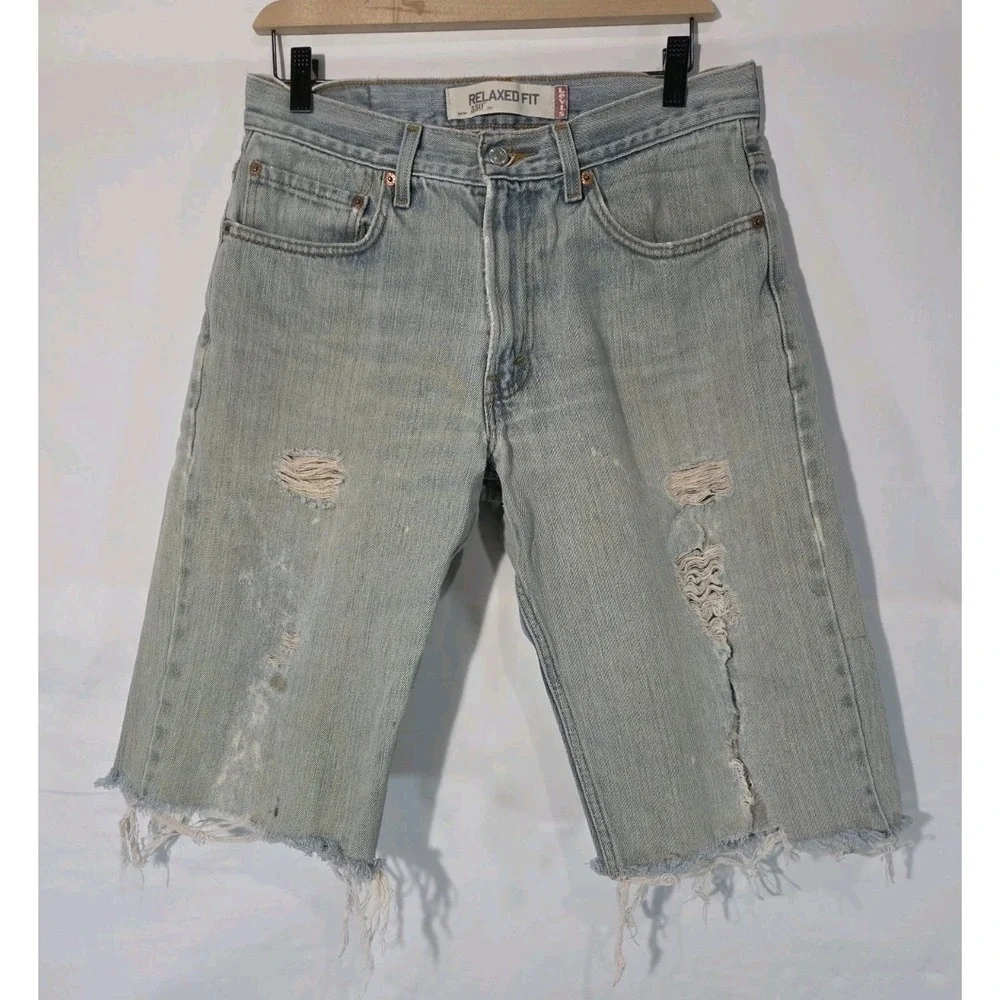 Y2K Levis 550 Cut Off Bermuda Jort Shorts 32 X 13 Light Wash Distressed Relaxed
